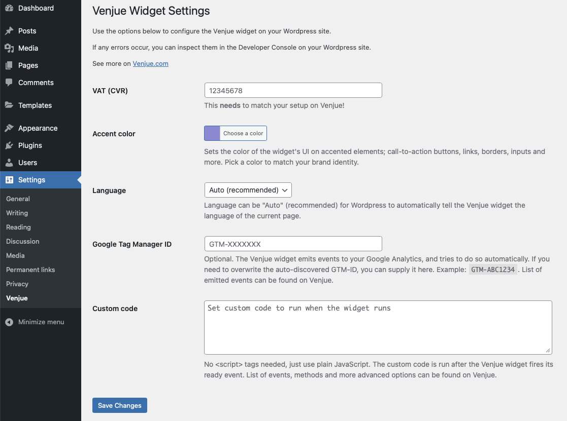 Wordpress Plugin for the Venjue Widget